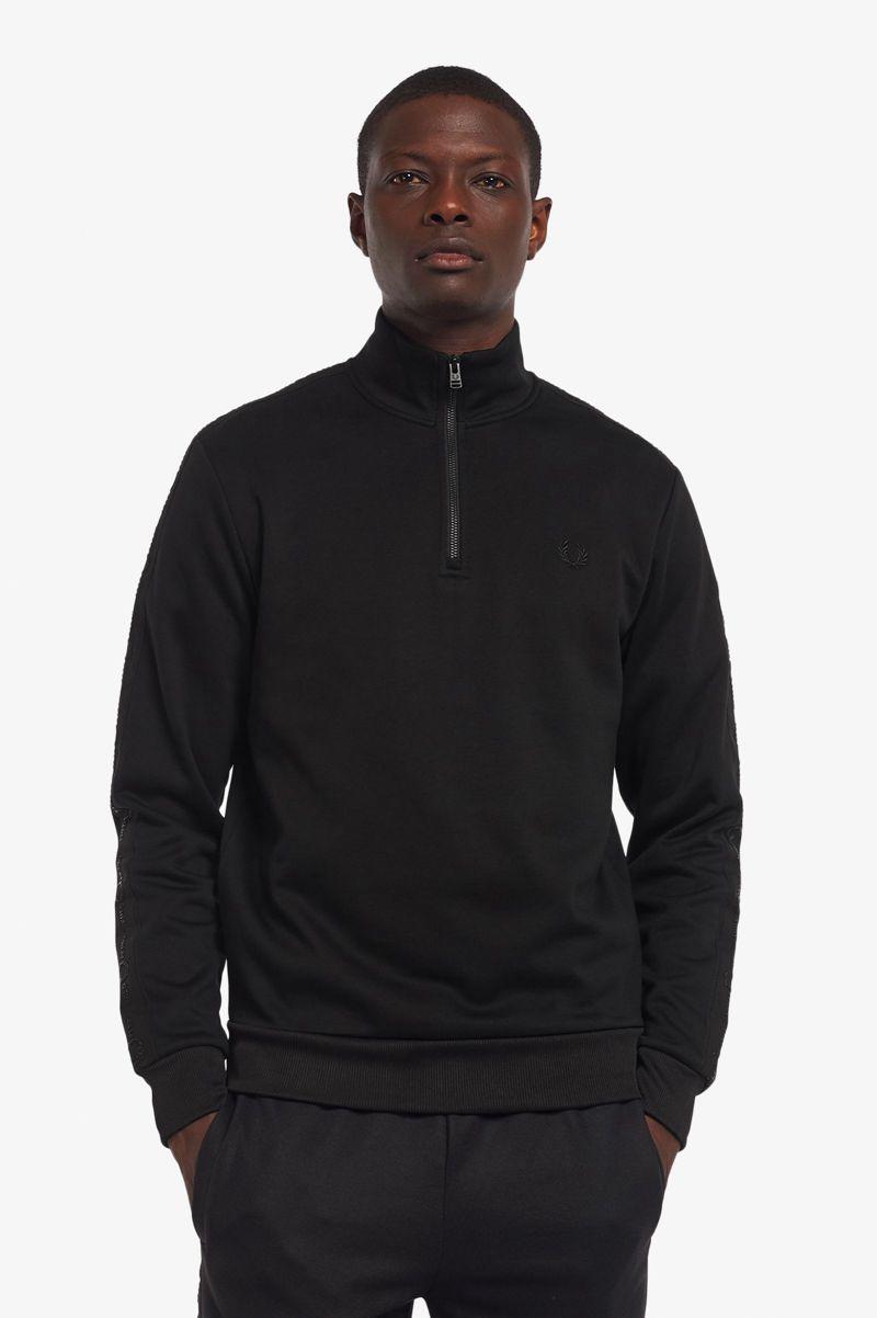 Black Fred Perry Tonal Tape Half Zip Men\'s Sweatshirts | PH 1620ILHS